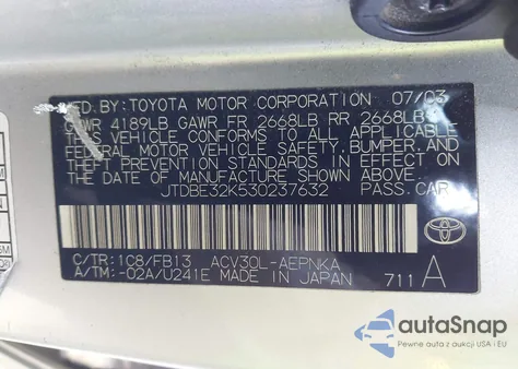 2003 Toyota Camry Le z USA, uszkodzony, nr VIN JTDBE32K530237632